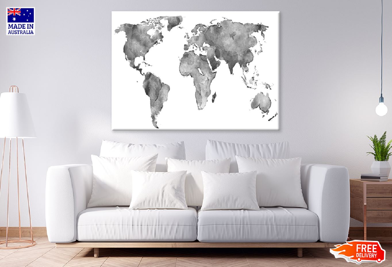 World Map B&W Watercolor Painitng Print 100% Australian Made
