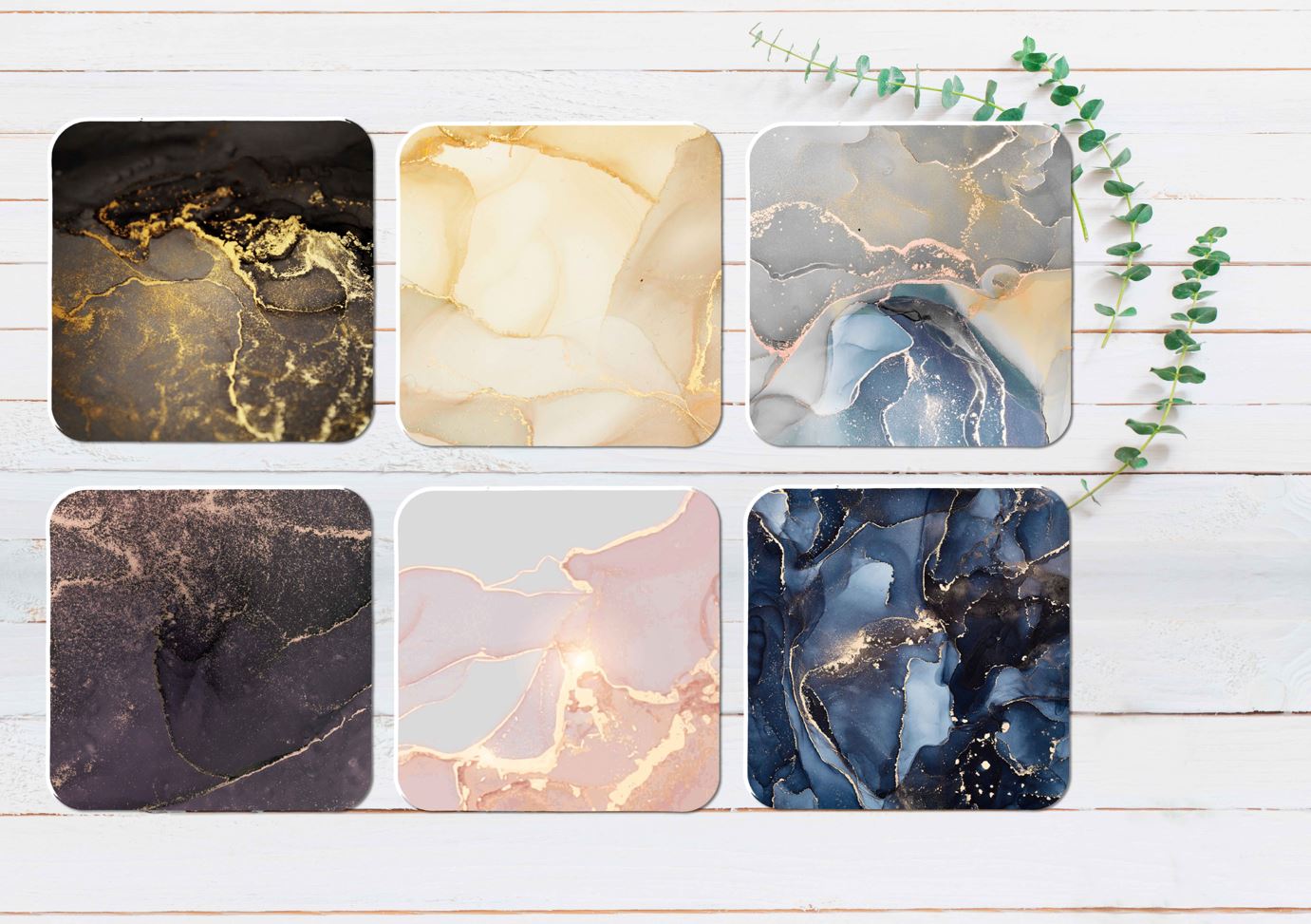 Black Gold & Blue Splash Abstarct Coasters Wood & Rubber - Set of 6 Coasters