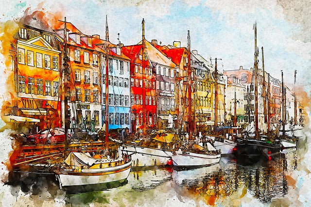 Boats on Canal Abstract Painting Home Decor Premium Quality Poster Print Choose Your Sizes