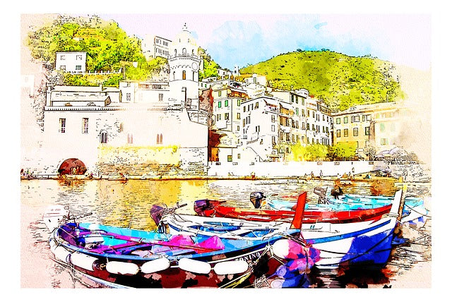 Boats & House Near River Painting Home Decor Premium Quality Poster Print Choose Your Sizes