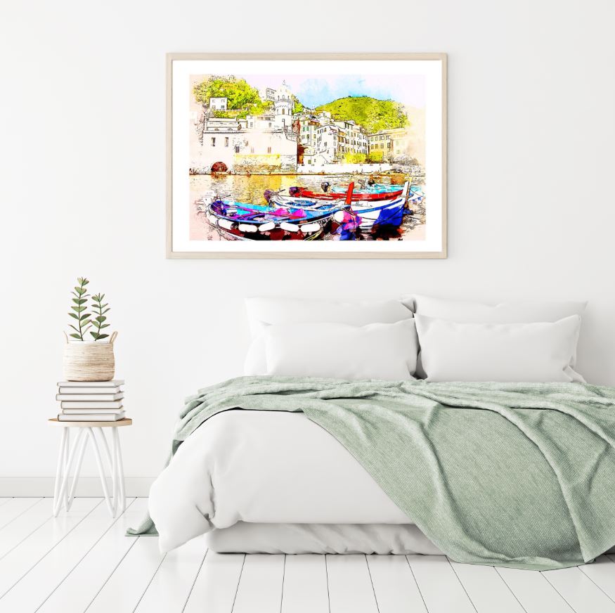 Boats & House Near River Painting Home Decor Premium Quality Poster Print Choose Your Sizes