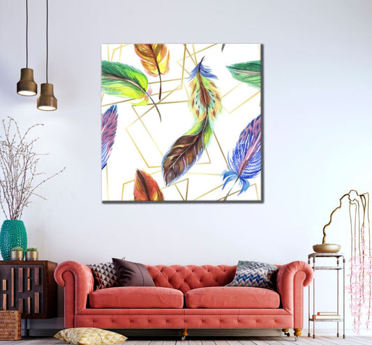 Square Canvas Feathers Watercolor Painting High Quality Print 100% Australian Made