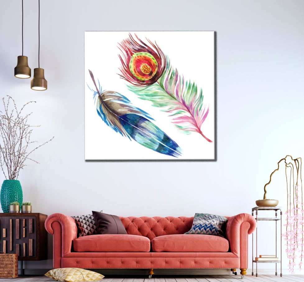 Square Canvas Feathers Watercolor Painting High Quality Print 100% Australian Made