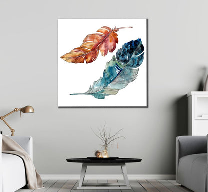 Square Canvas Blue & Brown Feathers Art High Quality Print 100% Australian Made