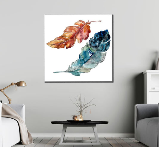 Square Canvas Blue & Brown Feathers Art High Quality Print 100% Australian Made