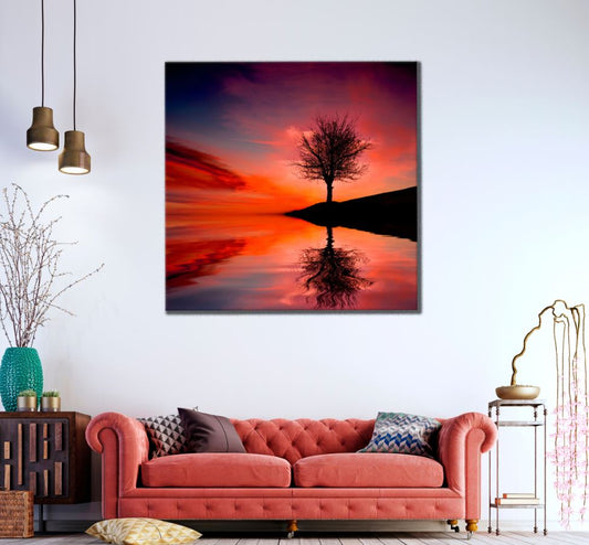 Square Canvas Tree Near Lake Sunset Scenery High Quality Print 100% Australian Made