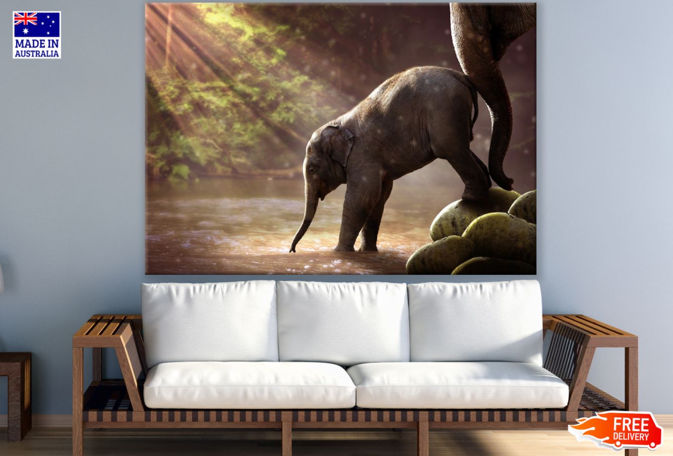 Elephants in Water Stream View Print 100% Australian Made