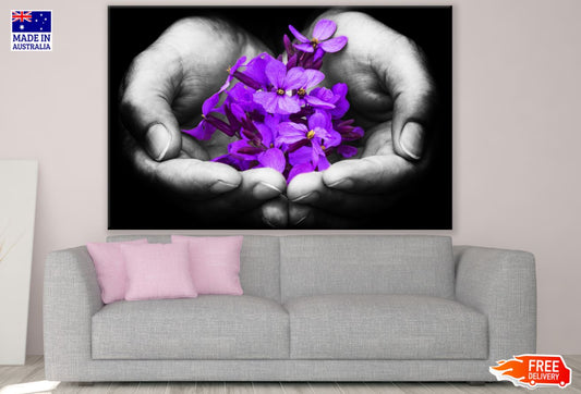 Purple Flowers on Hand B&W View Print 100% Australian Made