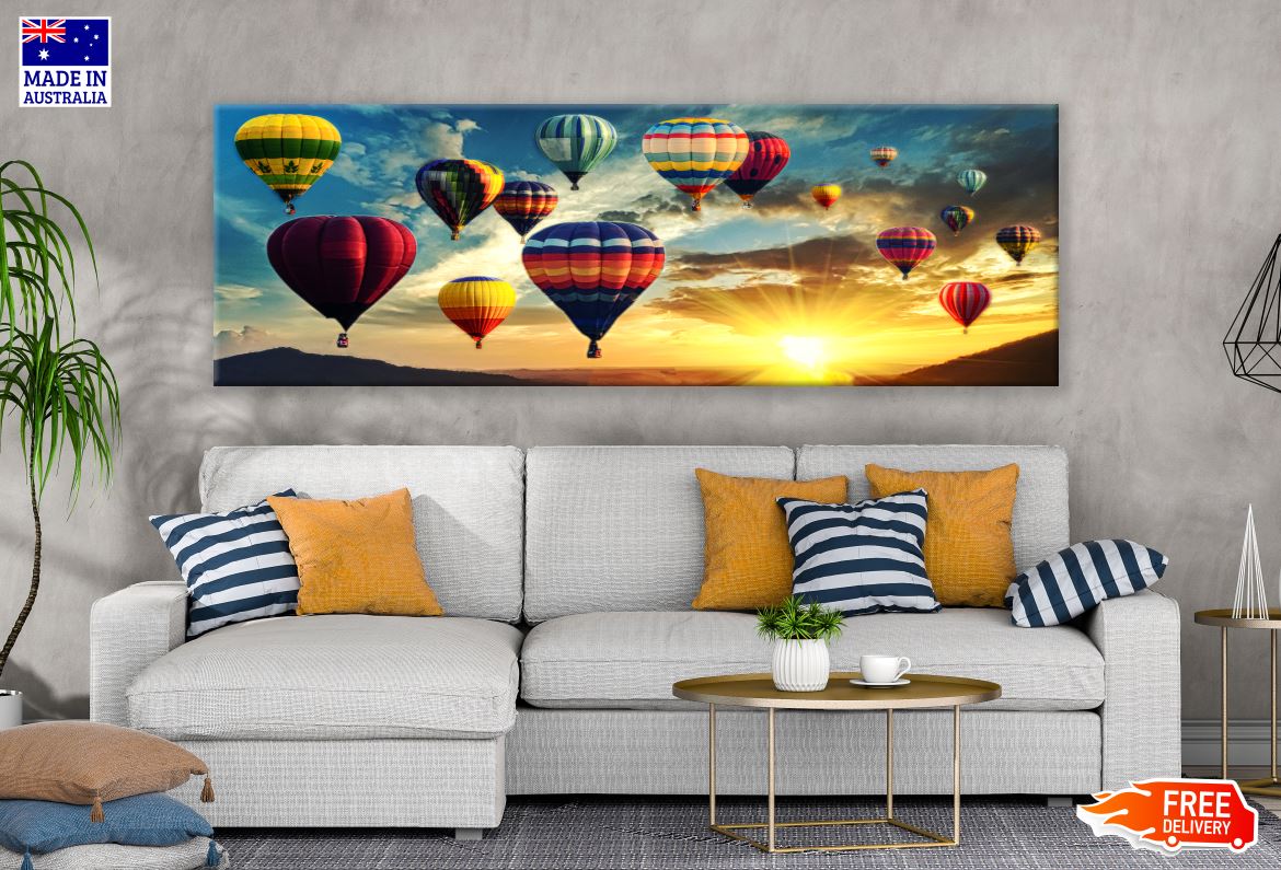 Panoramic Canvas Hot Air Balloons Over Mountains High Quality 100% Australian Made Wall Canvas Print Ready to Hang