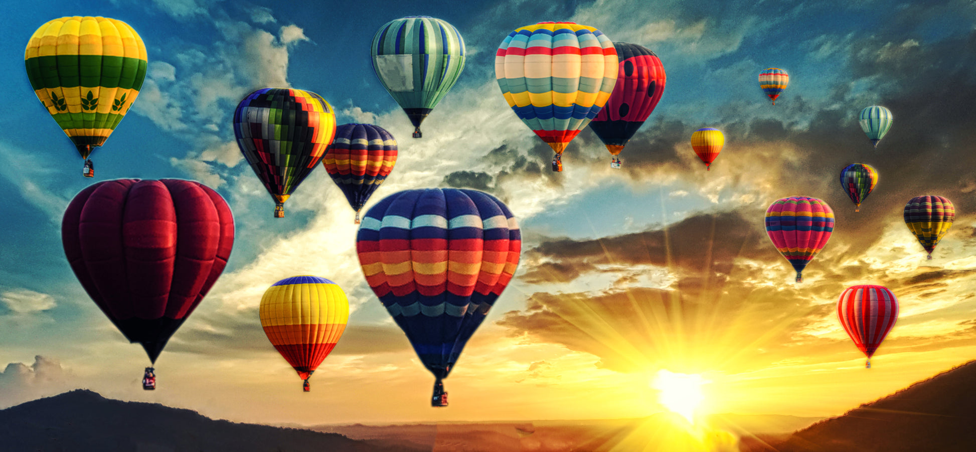 Panoramic Canvas Hot Air Balloons Over Mountains High Quality 100% Australian Made Wall Canvas Print Ready to Hang