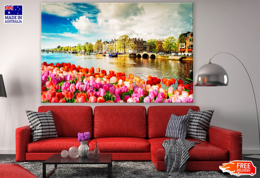 Tulip Flowers & City with Lake Print 100% Australian Made