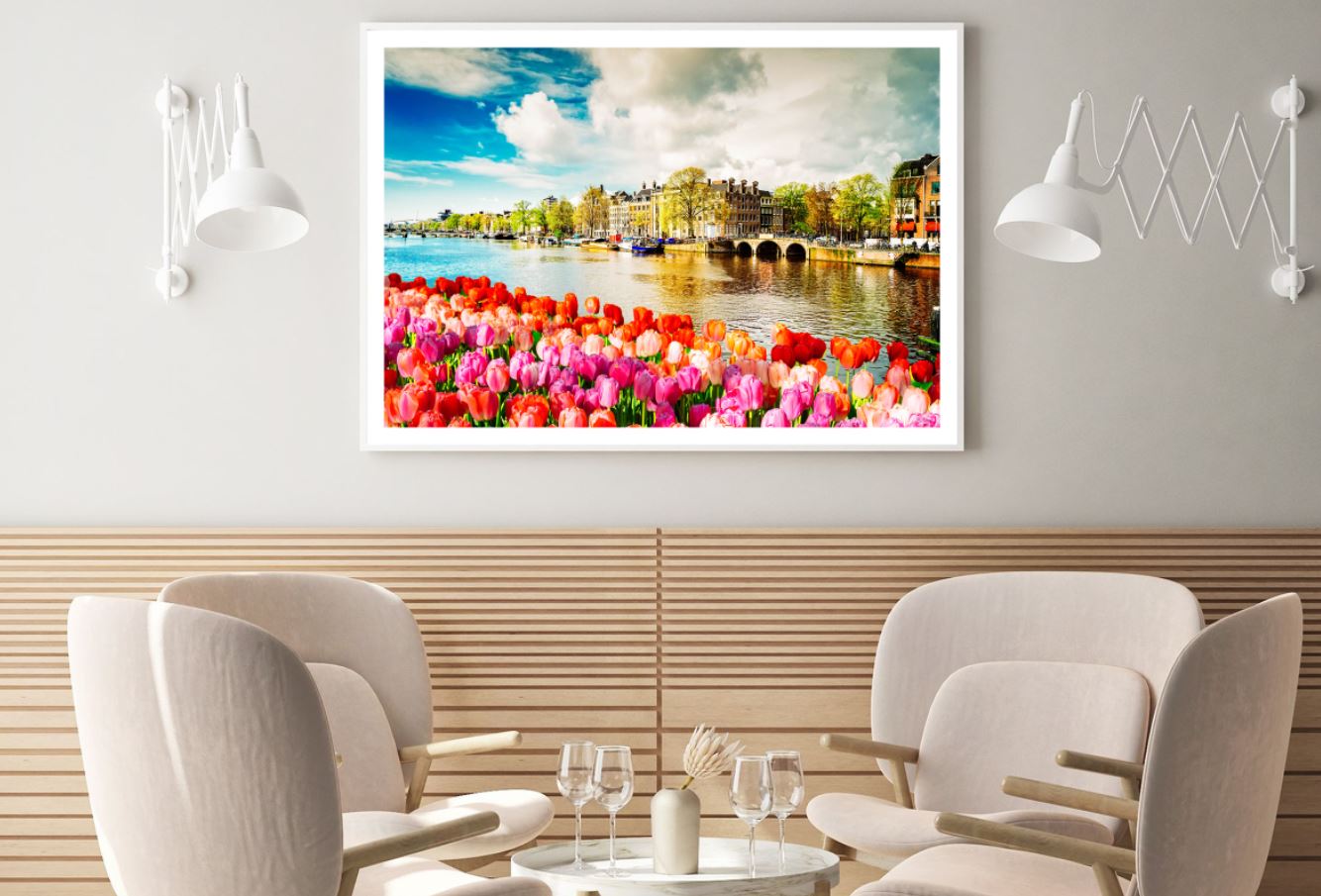 Tulip Flowers & City with Lake Home Decor Premium Quality Poster Print Choose Your Sizes