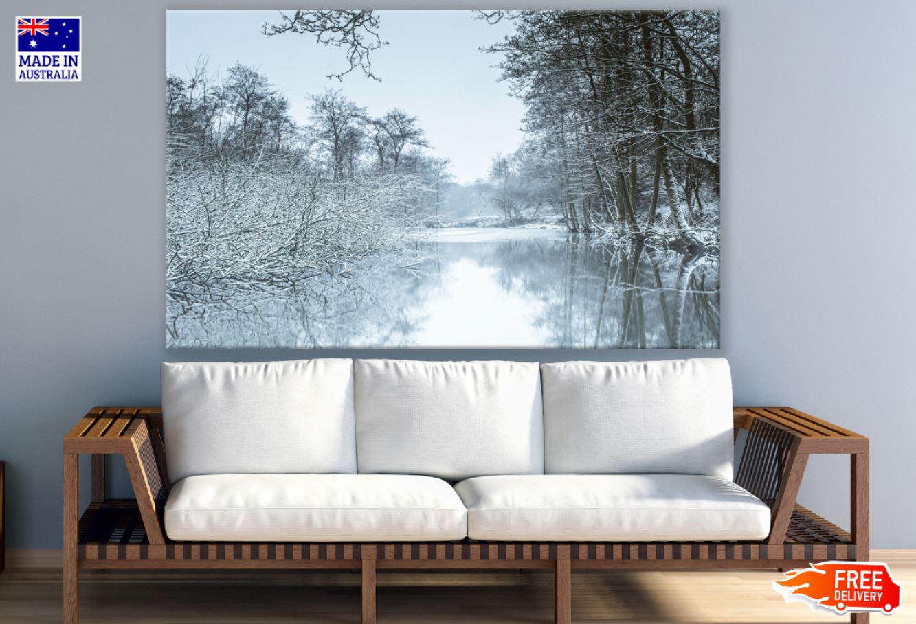 Snow Covered Forest & River View Print 100% Australian Made