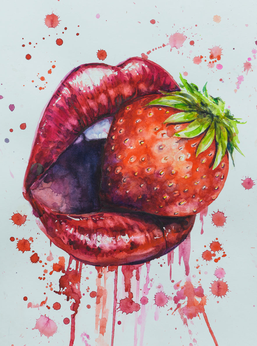 Strawberry on Lips Watercolor Art Print 100% Australian Made