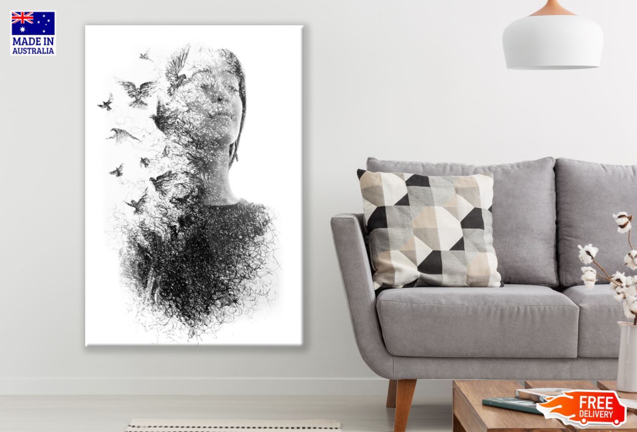 Face & Bird B&W Painting Print 100% Australian Made