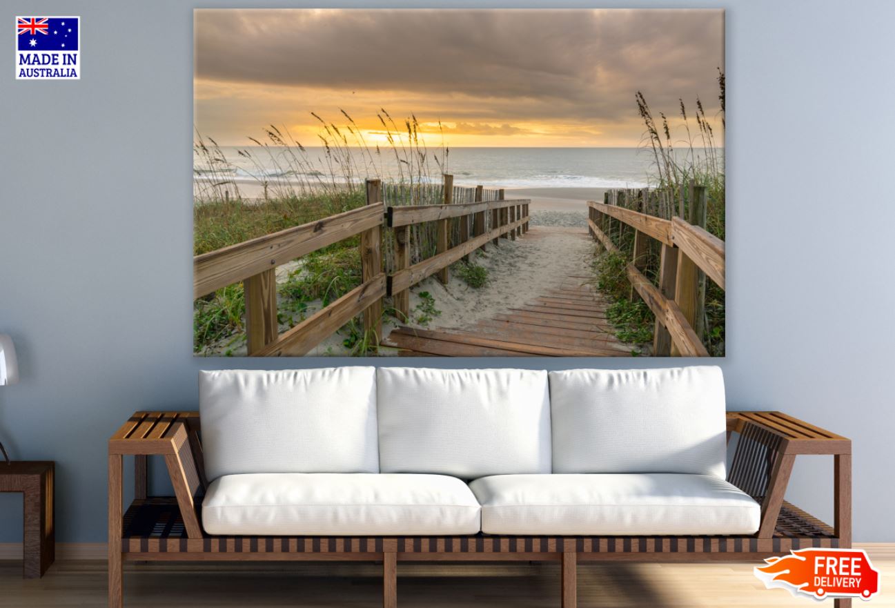 Wooden Path to Sea Sunset View Print 100% Australian Made