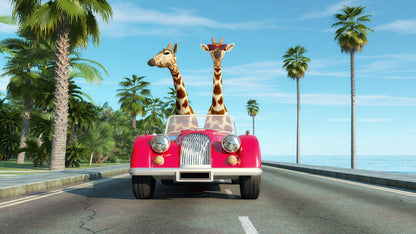 Giraffes Riding a Car Digital Art Home Decor Premium Quality Poster Print Choose Your Sizes