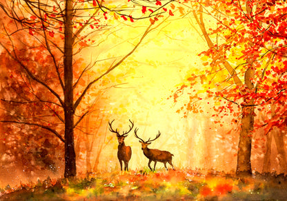 Deers in Forest Oil Painting Home Decor Premium Quality Poster Print Choose Your Sizes