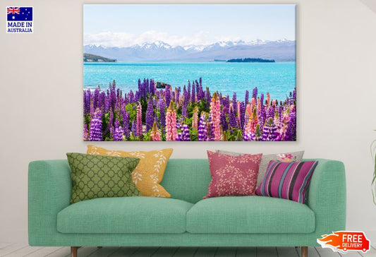 Lupine Flower Field & Sea with Mountain Range View Photograph Print 100% Australian Made