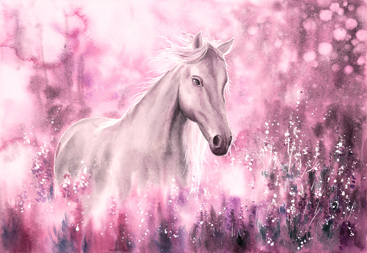 White Horse & Pink Flowers Art Print 100% Australian Made