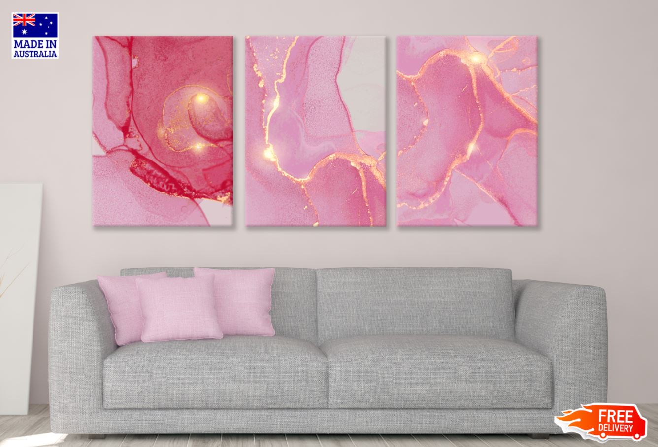 3 Set of Pink & Gold Abstract Art High Quality Print 100% Australian Made Wall Canvas Ready to Hang