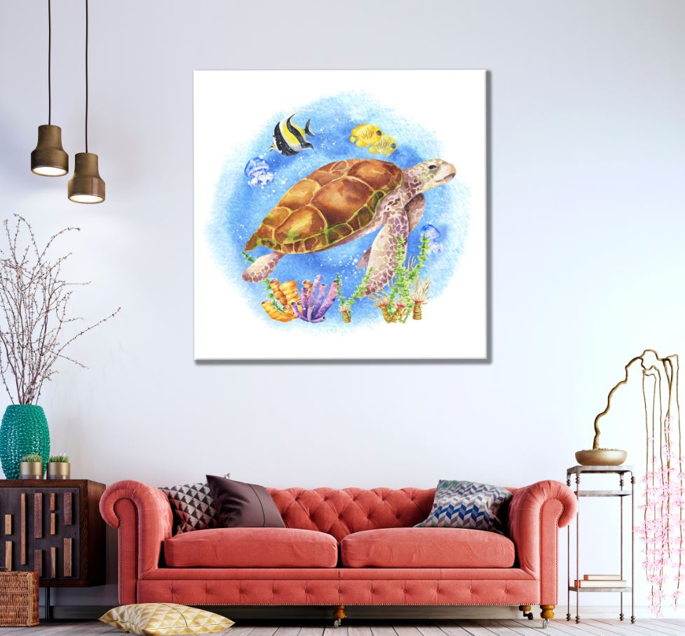 Square Canvas Turtles & Fish Painting High Quality Print 100% Australian Made