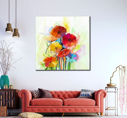 Square Canvas Red & Orange Flowers Painting High Quality Print 100% Australian Made