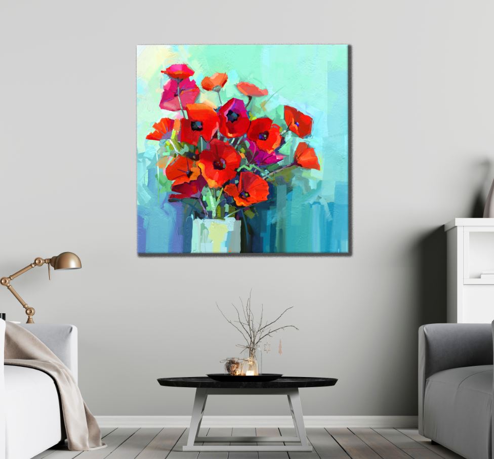 Square Canvas Red Flower Vase Painting High Quality Print 100% Australian Made