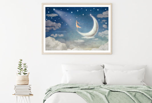 Girl on Moon Watercolor Painting Home Decor Premium Quality Poster Print Choose Your Sizes