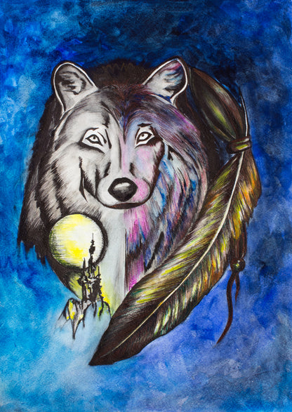 Wolf & Feather Watercolor Paint Print 100% Australian Made