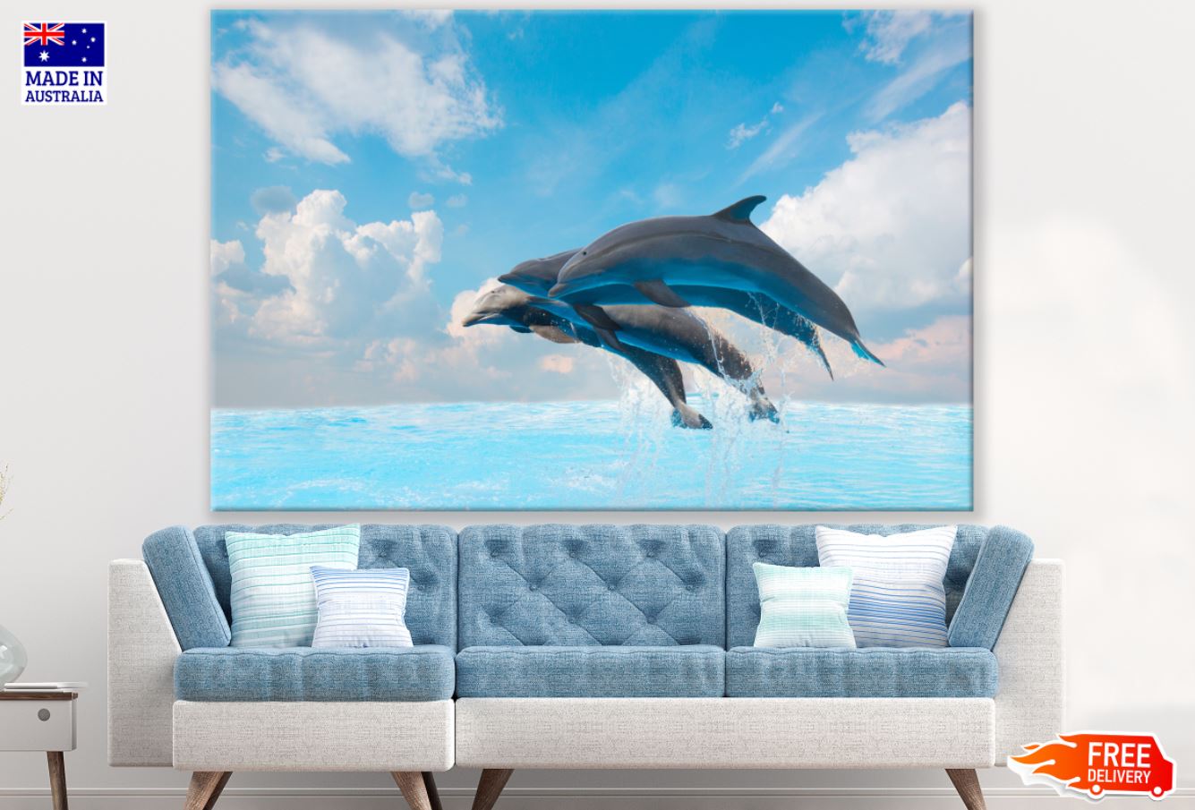 Dolphins Leaping Out from Sea Paint Print 100% Australian Made