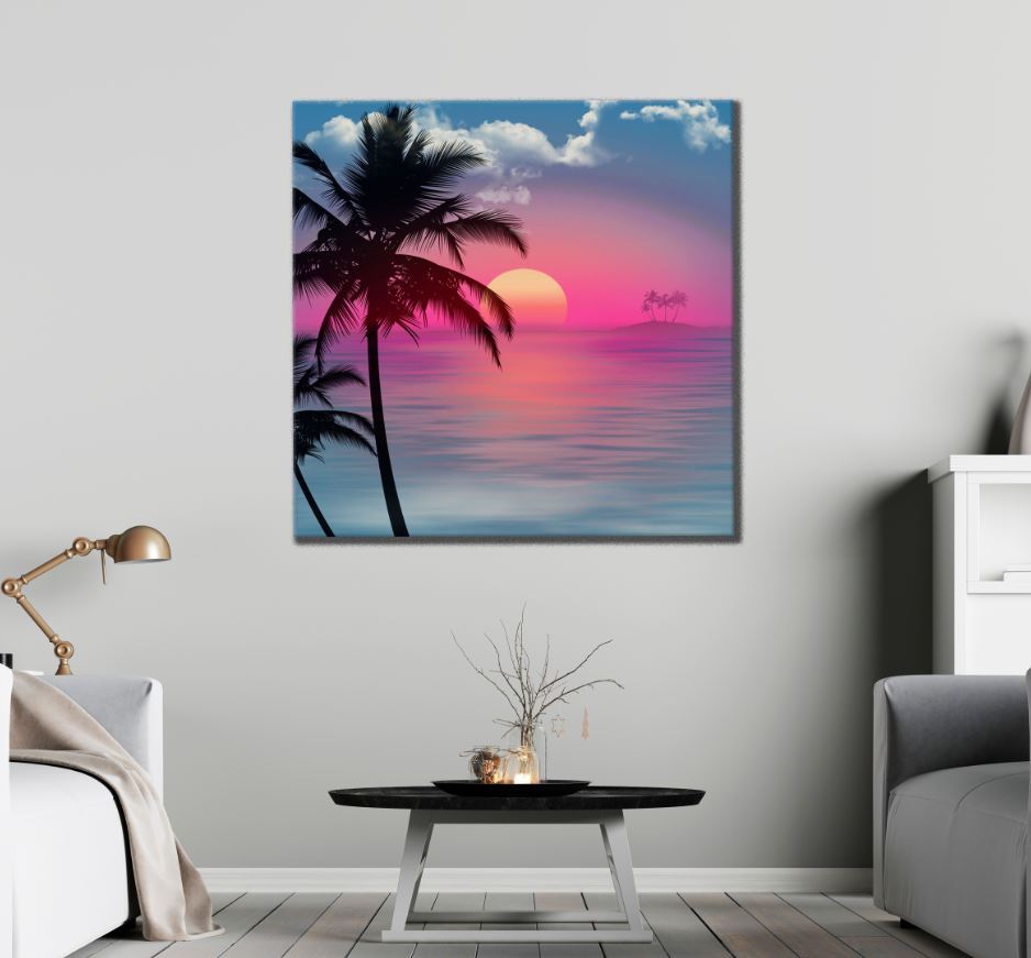 Square Canvas Palm Trees & Sea Sunset View High Quality Print 100% Australian Made