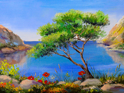 Tree Near Sea Scenic Oil Painting Print 100% Australian Made
