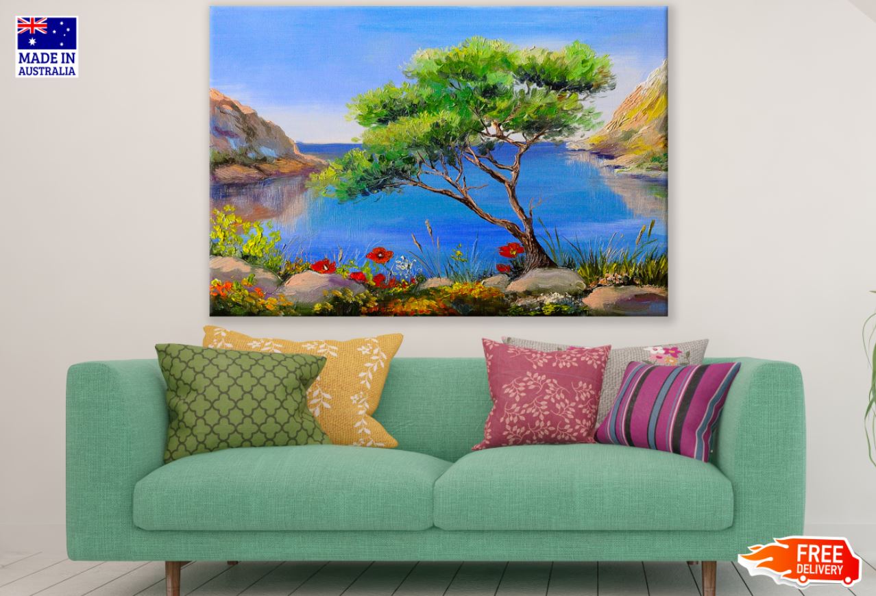 Tree Near Sea Scenic Oil Painting Print 100% Australian Made