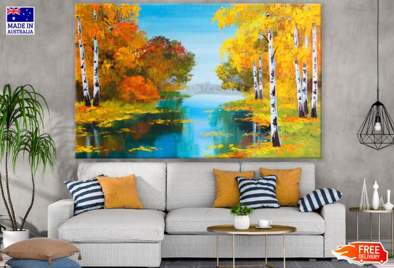 River in Autumn Tree Forest Oil Painting Print 100% Australian Made