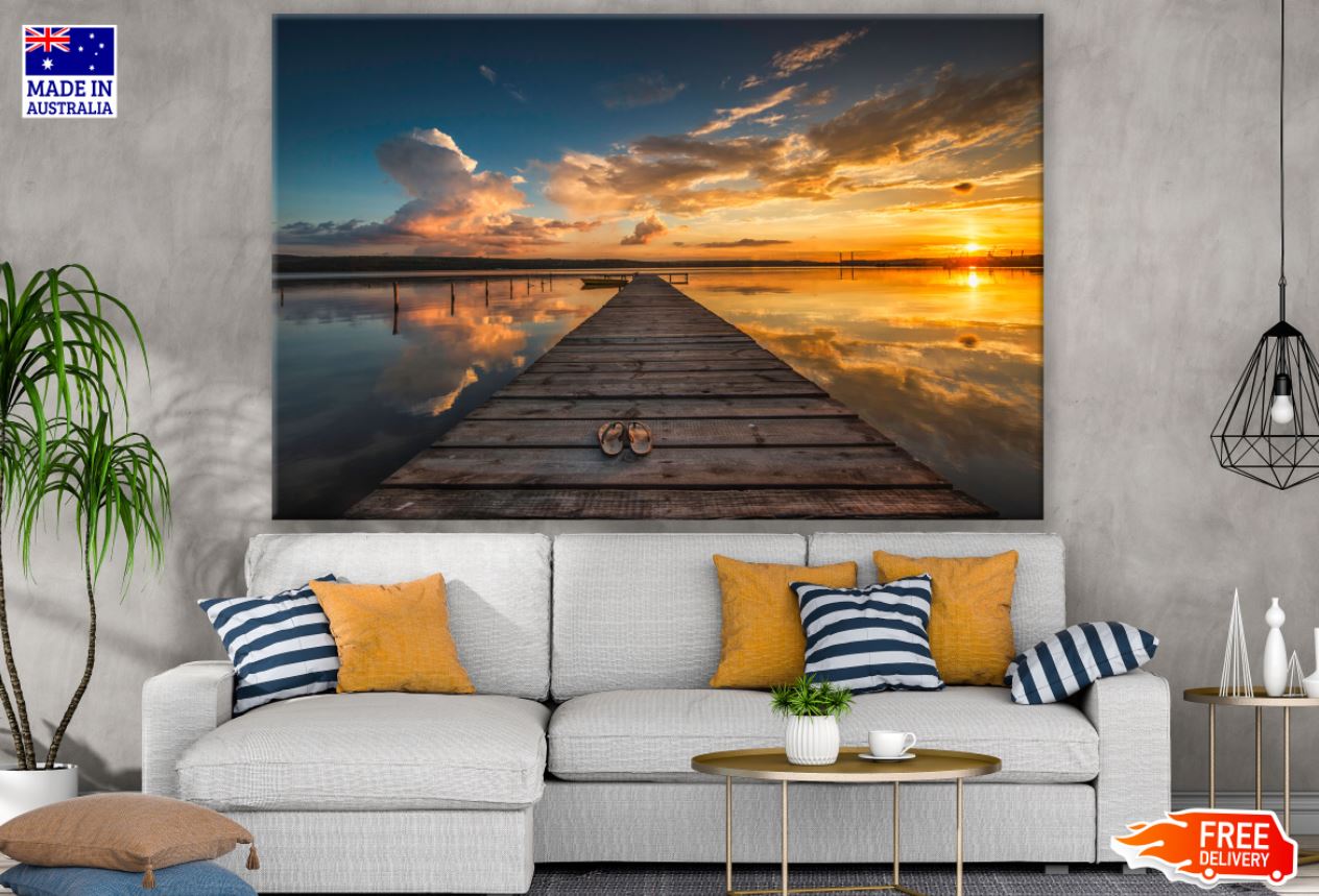 Wooden Pier Over Lake Sunset View Print 100% Australian Made