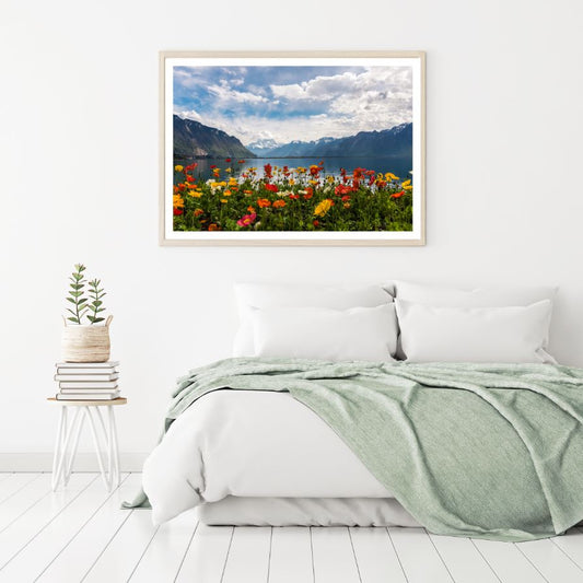 Flower Field Near Lake Photograph Home Decor Premium Quality Poster Print Choose Your Sizes