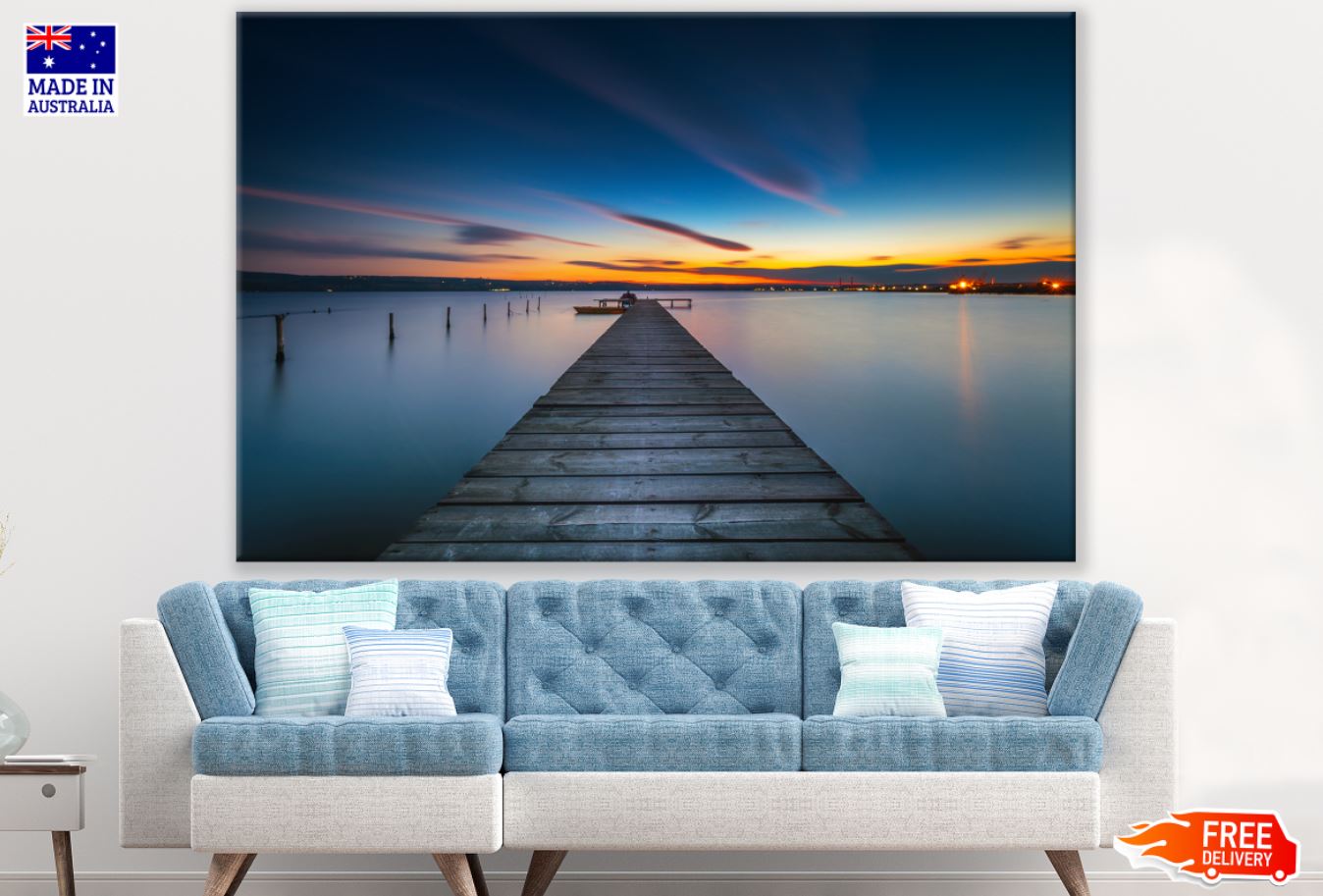 Wooden Pier Over Lake Sunset View Print 100% Australian Made