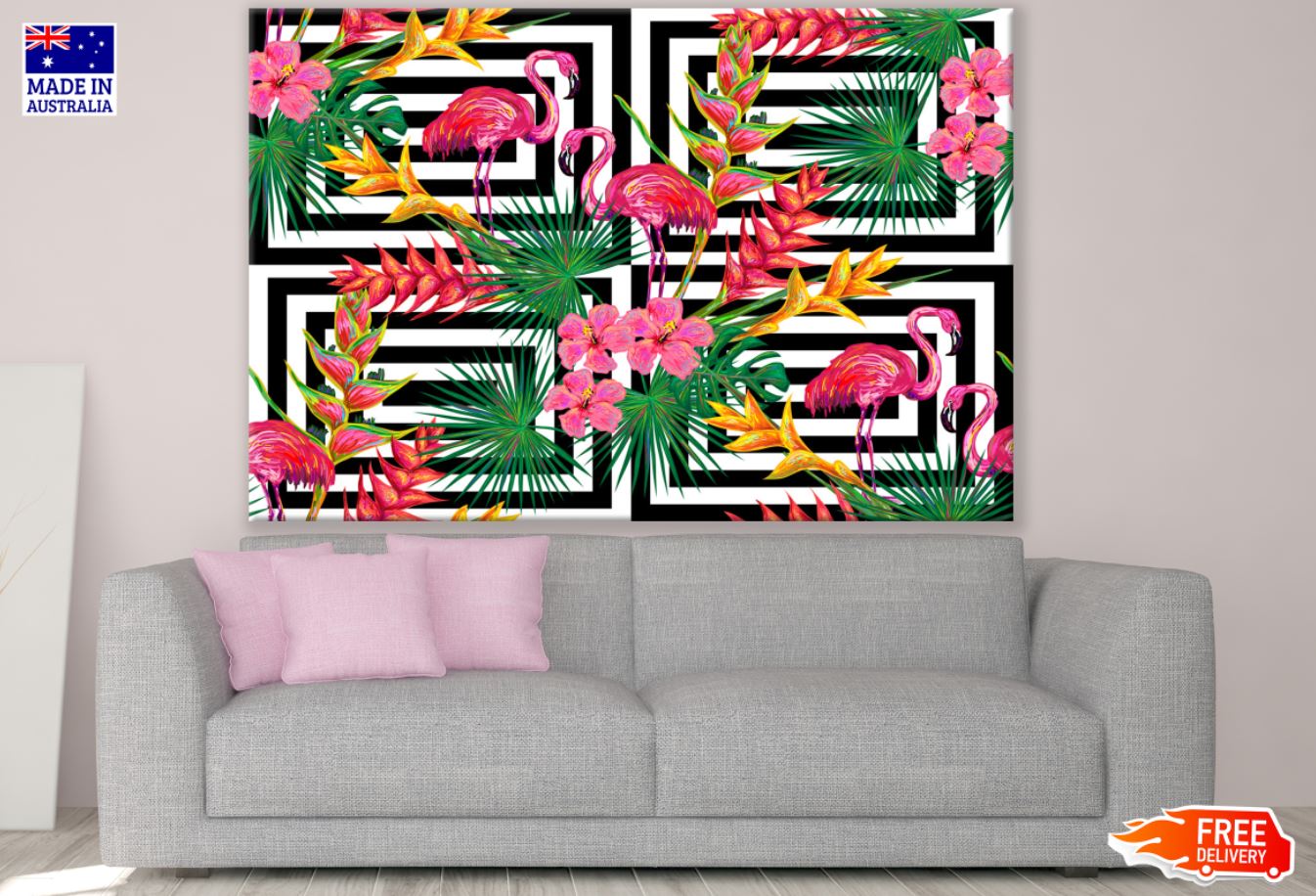 Flamingo Birds & Flowers Vector Print 100% Australian Made