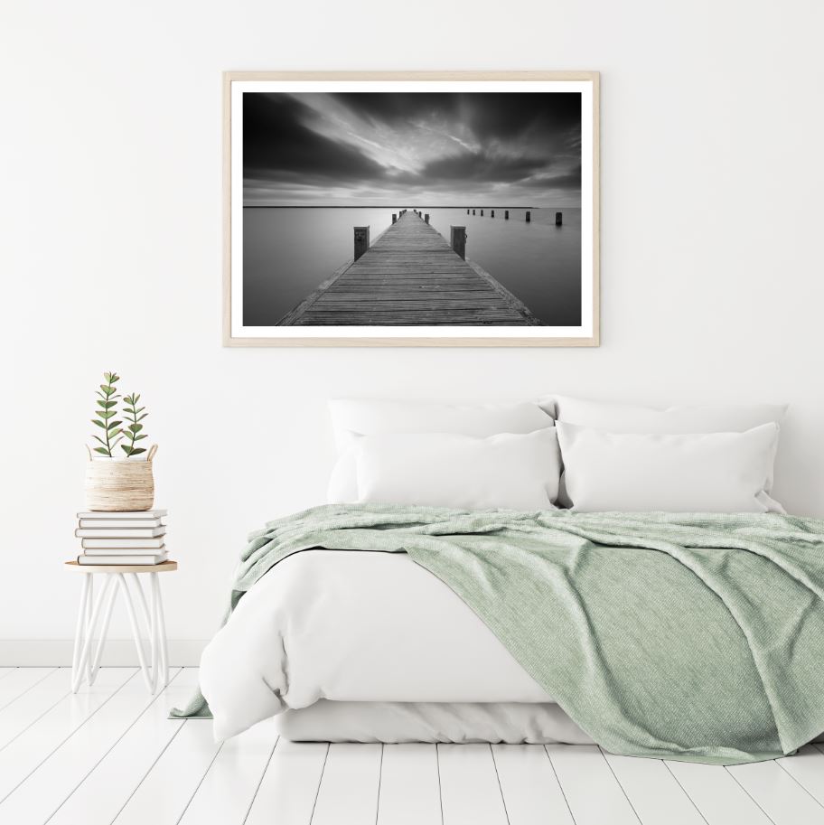 Wooden Pier Over Sea B&W View Home Decor Premium Quality Poster Print Choose Your Sizes