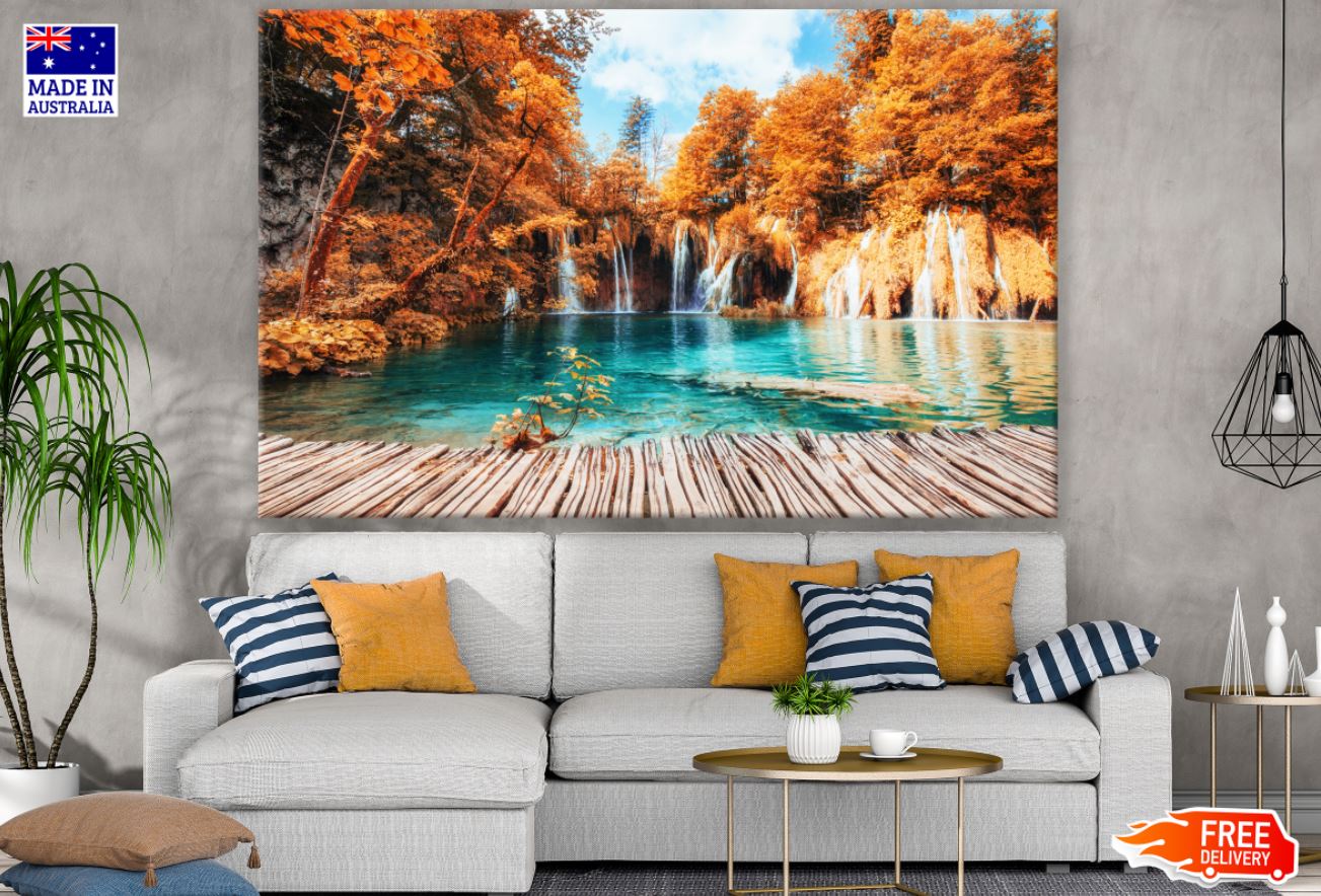 Wooden Pier Near Waterfall View Print 100% Australian Made