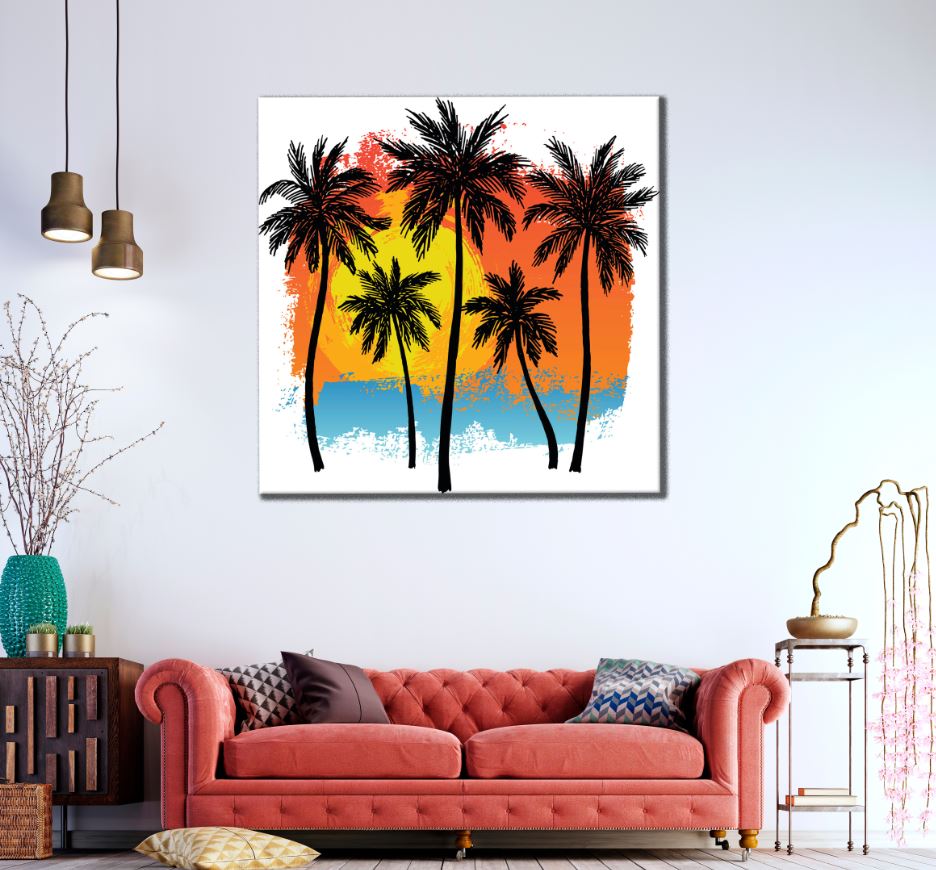 Square Canvas Palm Trees Sunset Vector Art High Quality Print 100% Australian Made