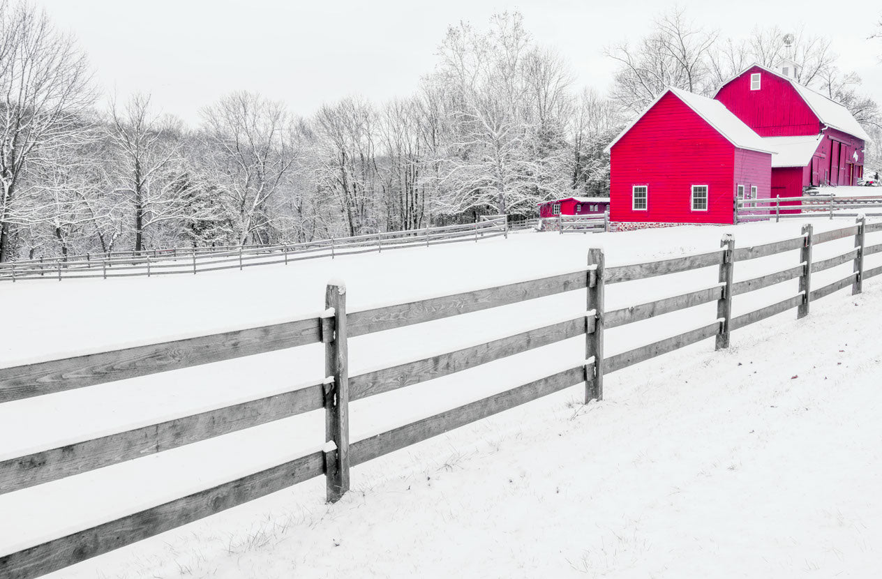 Red Farm House on Snow Photograph Print 100% Australian Made