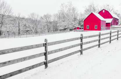 Red Farm House on Snow Photograph Print 100% Australian Made
