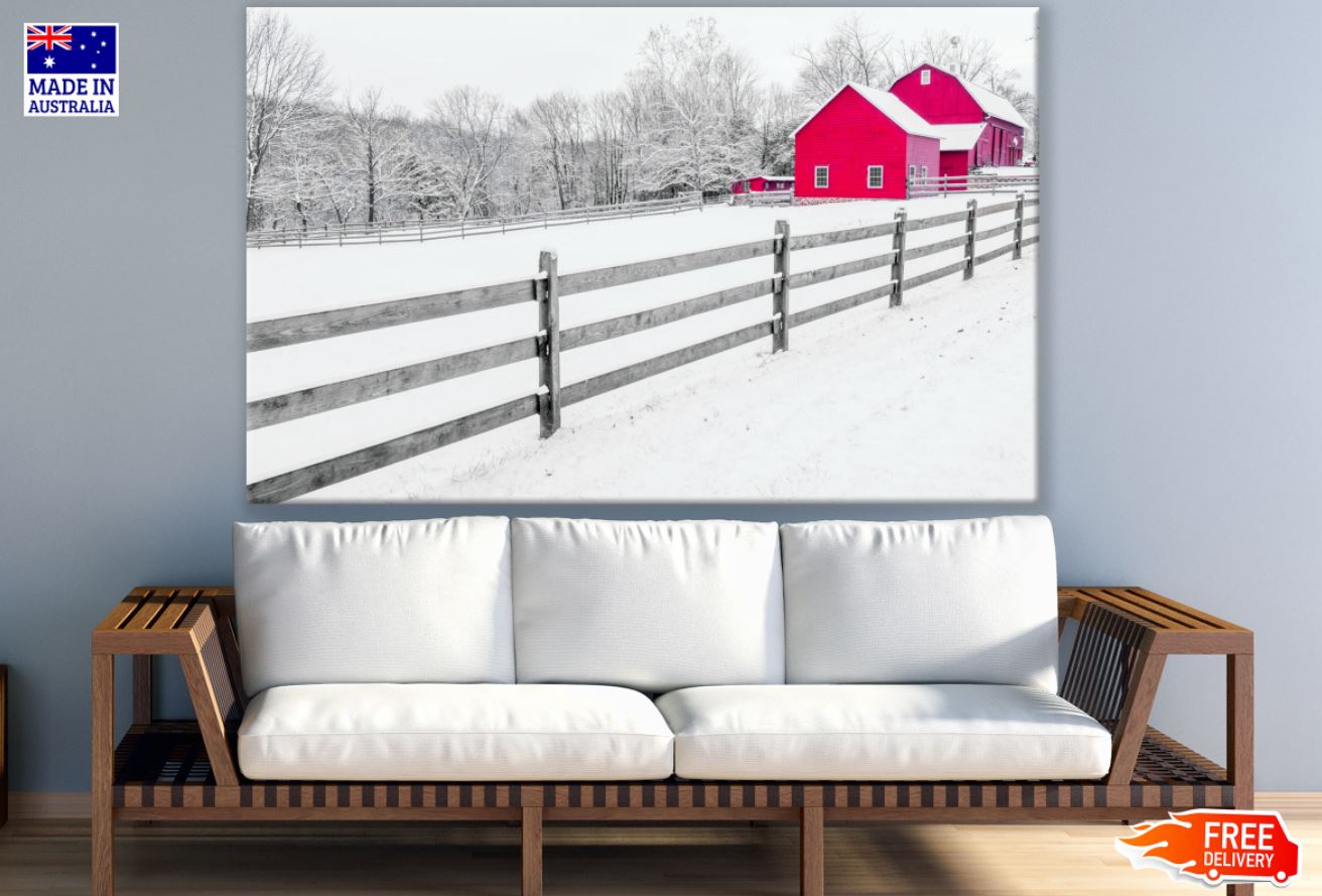 Red Farm House on Snow Photograph Print 100% Australian Made