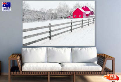 Red Farm House on Snow Photograph Print 100% Australian Made