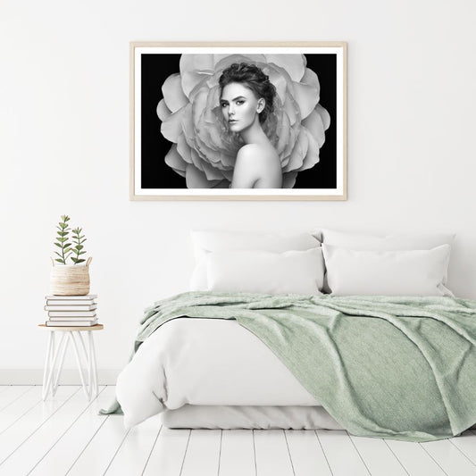 Girl Portrait & Flower B&W View Home Decor Premium Quality Poster Print Choose Your Sizes