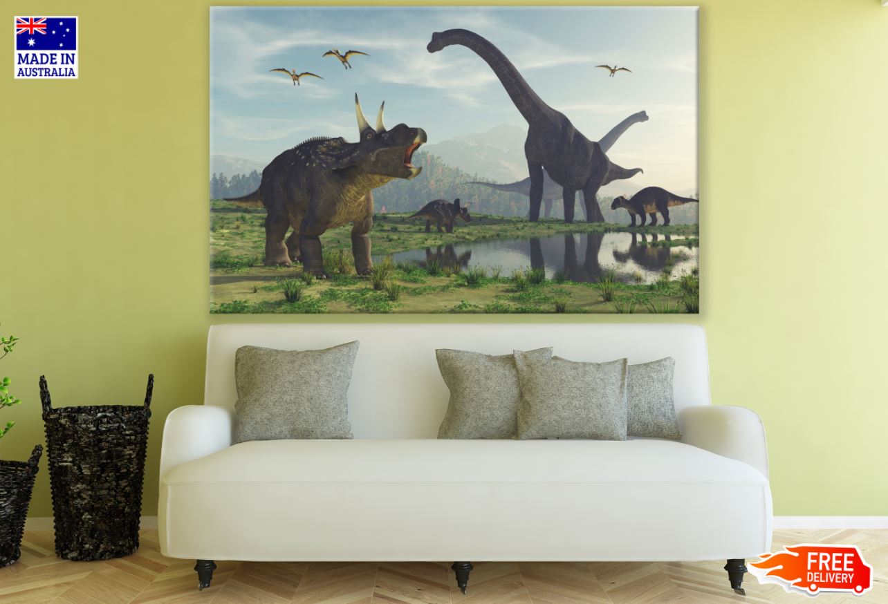 Dinosaurs in Forest Digital Paint Print 100% Australian Made