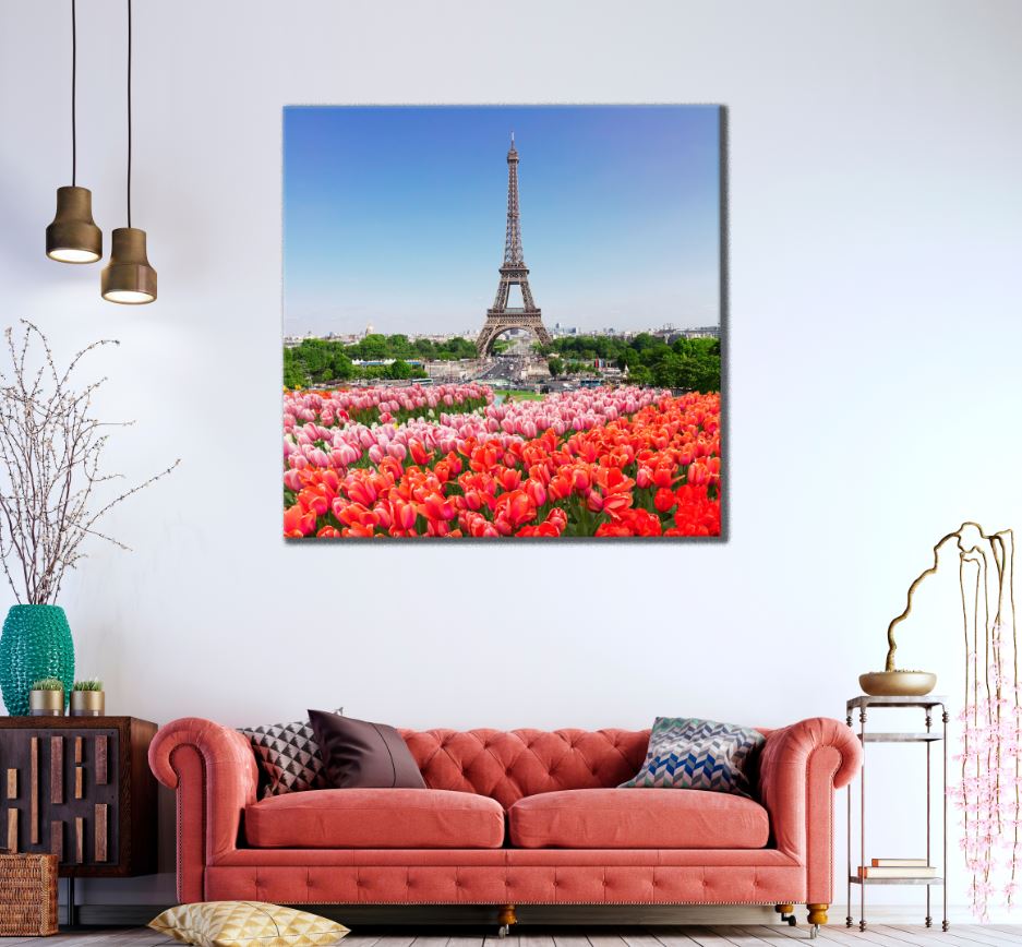 Square Canvas Eiffel Tower & Tulip Flowers High Quality Print 100% Australian Made