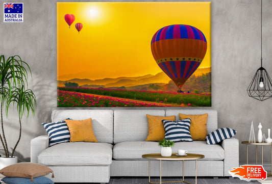 Hot Balloons Over Flower Field Print 100% Australian Made